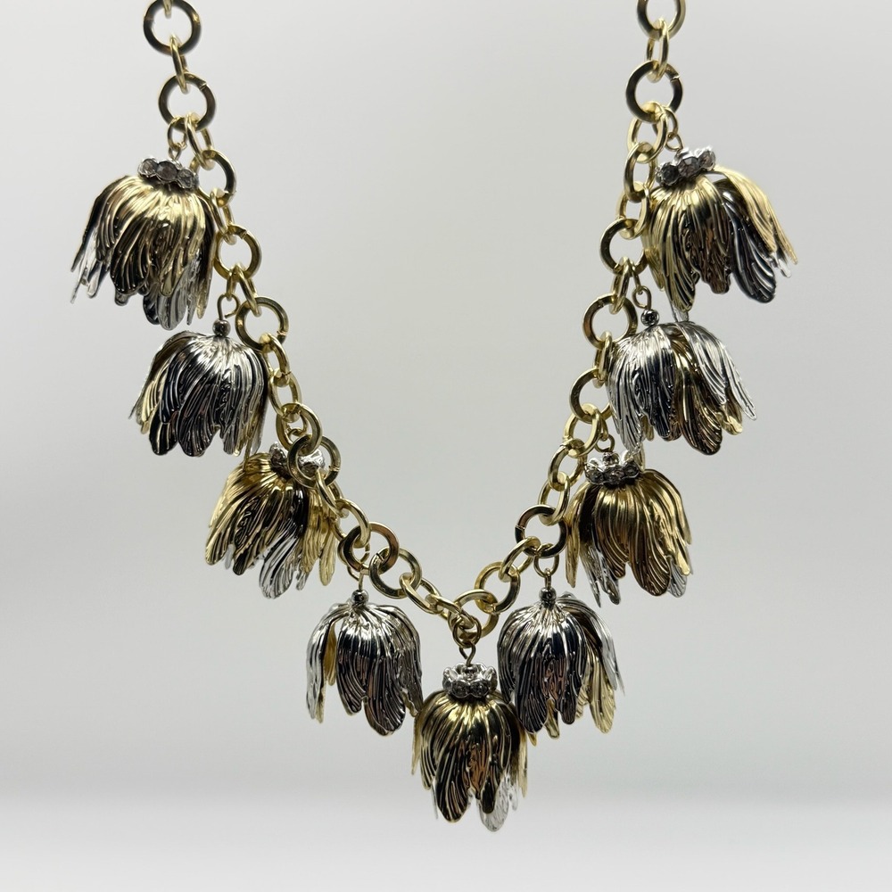Vintage 3D Tulip Necklace Two Tone Floral Charm Gold & Silver Tone Statement